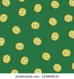 Colorful fruit pattern of fresh kiwi slices on green background. Top view. Vector illustration