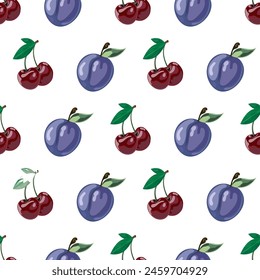 A colorful fruit pattern with plums and cherries on a white background, a seamless summer fruit pattern