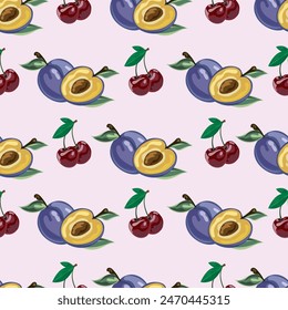 A colorful fruit pattern with plums and cherries, a seamless summer fruits pattern