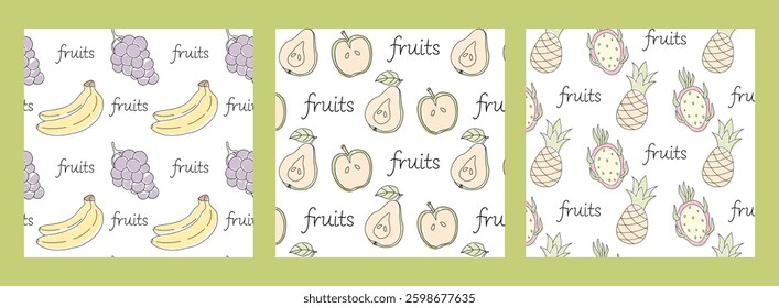 Colorful fruit patterns featuring bananas, grapes, pears, and pineapples on white background