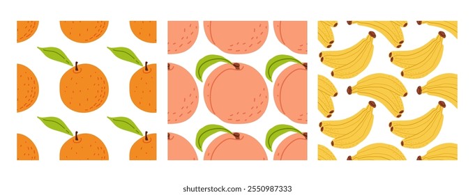 Colorful fruit patterns featuring oranges, peaches, and bananas in a cheerful layout