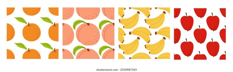 Padrões de frutas coloridas com laranjas, pêssegos, bananas e maçãs vermelhas em um fundo branco