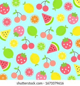 Colorful fruit pattern.Strawberry ,lemon ,lime ,citrus ,cherry grapefruit ,orange and watermelon isolated on blue pastel background.Design for print or screen ,wrapping paper ,fabric ,wallpaper.vector