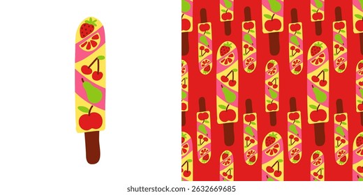 Picolé de frutas coloridas com ícones de cereja, morango, laranja, pera e maçã em padrão de verão sem costura em fundo vermelho vibrante para crianças, embalagens e desenhos sazonais divertidos