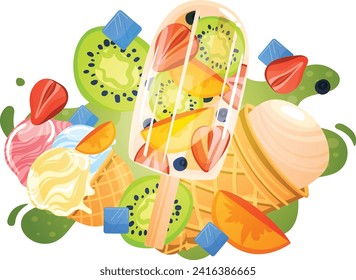 Colorful fruit popsicle with kiwi, orange, and berries. Summer refreshment concept with ice cream and fruits vector illustration.