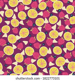 Colorful fruit salad seamless vector pattern in pink and yellow. Vibrant summertime food surface print design for fabrics, stationery, scrapbook paper, textiles, gift wrap, and packaging.