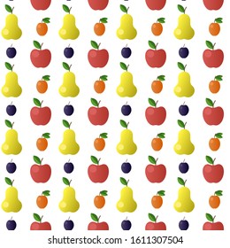 Colorful fruit seamless pattern with apples, pears, plums, apricots isolated on white. Vector illustration