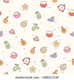 colorful fruit seamless pattern. 
Collection Of durian, lychee, avocado, mangosteen, plum.
Template for design fabric, backgrounds, wrapping paper.