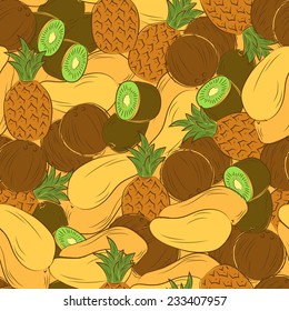 Colorful fruit seamless pattern. Set of fruits: kiwi, coconut, pineapple, mango. Colored sketch style.