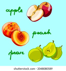 Colorful fruit set vector illustration in cartoon style. Three items: red apple, sweet peach and green pears illustration on the blue background with green lettering.  
