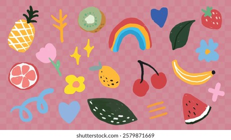 Colorful fruit and shapes illustration with pineapple, kiwi, cherries, and watermelon. Includes hearts, stars, and leaves on a pink checkered background. Food illustrations, isolated vector set.