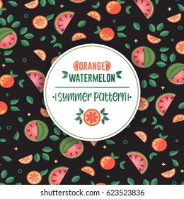 Colorful fruit summer pattern. Flat Watermelon and orange with green leaves.