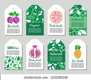 Colorful fruit tags with pomegranate, pineapple, plum, leaves, grapefruit. Bio, eco fruits, organic, natural, farm fresh lettering text inscription. Plant-based concept. Vector eps 10 label set