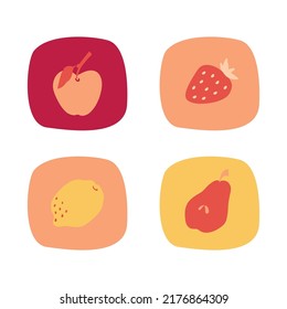 Colorful fruit vector set. Pink pear, yellow lemon, strawberry, apple fruit. Flat cartoon design. Gift card. pink palette.