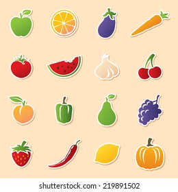 Colorful Fruit And Veg Icon Stickers. Easy To Remove White Outline And Shadow And Use Icons Without. 