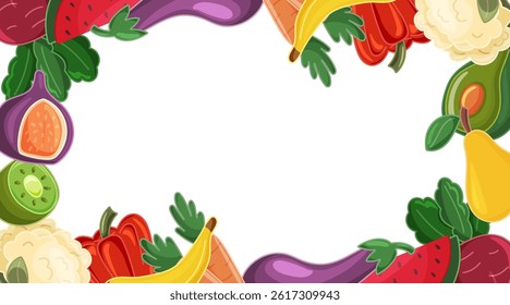 Colorful fruit and vegetable frame, isolated on white