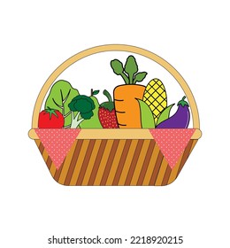 Frutas y verduras coloridas en cesta con vectores de fondo blanco 