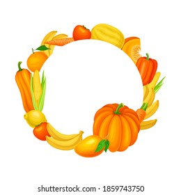 Colorful Fruit and Vegetables Arranged in Round Frame Vector Illustration