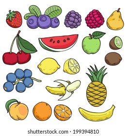 Colorful fruits and berries in hand drawn sketch style.