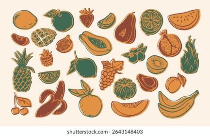 Frutos e bagas coloridos, desenhados à mão. Frutos tropicais naturais. Limão, cereja, maçã, pêssego, banana, abacate, romã, ananás, melão. Ilustração vetorial.