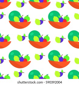 Colorful fruits cartoon seamless pattern. Pomelo, apple, lemon and plum in in bowl flat isolated flat vector. Edible plants ornament with repeating elements for wrapping paper, cards and prints