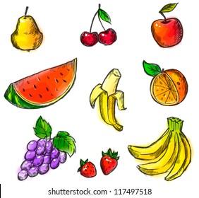 Colorful Fruits Collection - Set of various design elements created from original hand draw