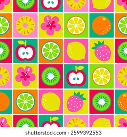 Colorful fruits and hibiscus flowers with square pattern design for summer holidays background.