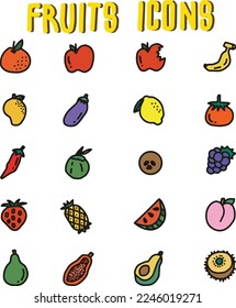 colorful fruits icon, flat fruits icon, fruit-cartoon, fruits doodle with color, set of colorful-fruit icons