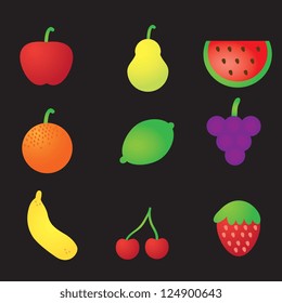 Colorful Fruits Icons colletion on black background.