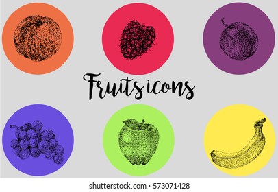 Colorful fruits icons in technique pointillism. Juicy peach, raspberry, plum, grape, apple, banana on the simple gray background with accented color spots  - Vector Illustration