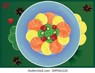 Colorful fruits on blue plate, eps 10, vector illustration on green 
tablecloth background, slice of lemon and orange, kiwi and strawberry, star anise with mint, healthy natural organic set for vegan