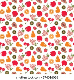 Colorful fruits seamless pattern background with grape, apple, kiwi, cherry, pear, orange, strawberry on white, vector illustration