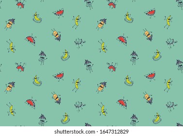 Colorful fruits seamless print. 
Bananas, watermelons, pineapples characters with emotions.
Original fabric design.