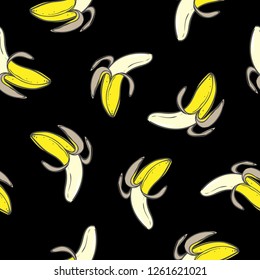 Colorful fruits seamless template, vector illustration of tropical summer with hand drawing banana on black background.