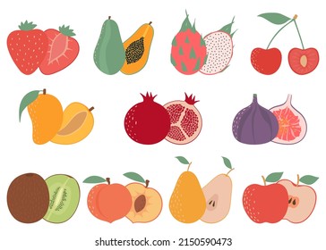 Farbige Fruchtset, flache Design-Symbole Sammlung. Erdbeere, Papaya, Drachenfrucht, Mango, Kirsche, Birnen, Feigen, Granatapfelfrüchte, Kiwi, Pfirsich, Apfel.