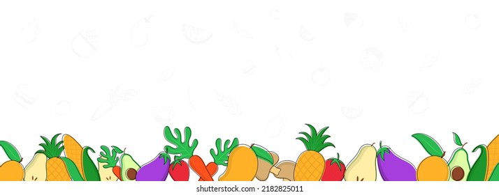 Colorful fruits and vegetables banner, doodle style. 
