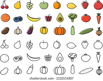 Colorful fruits and vegetables linear icons