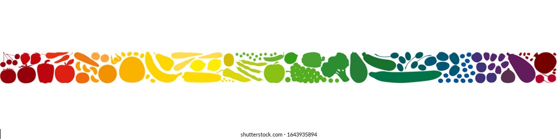 Colorful fruits and vegetables in a rainbow gradient colored row. Seamless extendable horizontal stripe. Isolated vector illustration on white background.
