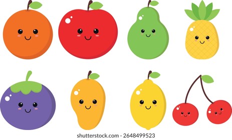 Colorful fruit-themed vector with fun emoticon faces, combining playful expressions and vibrant design.