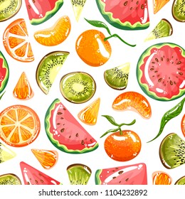 Colorful fruity seamless pattern. Mandarin, orange, kiwi and watermelon slices on a white background