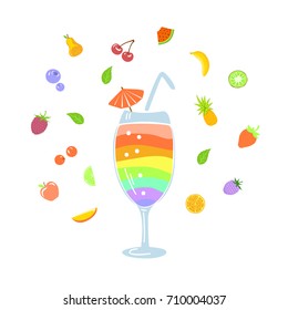 colorful fruity summertime cocktail mix with different fruits and berries around vector illustration
