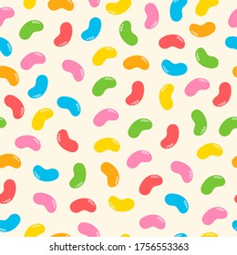 Colorful Fruity and tasty Sweets and candies. Various Gummy and Jelly Beans. Hand drawn Vector Trendy illustration. Cartoon style. Seamless Pattern, Background, Wallpaper. Perfect for prints