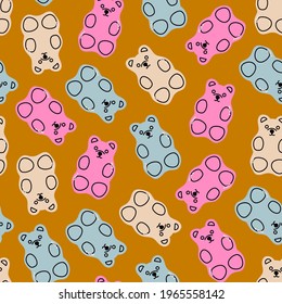 Colorful Fruity and tasty Sweets and candies. Various Gummy and Jelly Bears. Hand drawn Vector Trendy illustration. Cartoon style. Seamless Pattern, Background, Wallpaper. Perfect for prints