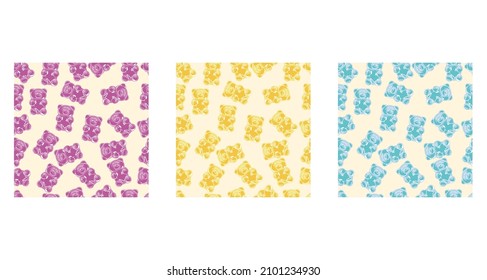 Colorful Fruity and tasty Sweets and candies. Various Jelly Bears. Hand drawn Vector Trendy illustration. Cartoon style. Set of three Seamless Patterns. Background, Wallpaper