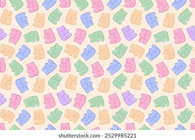 Colorful fruity and tasty sweets and candies. Jelly and gummy bears. Hand drawn fashion illustration. Cartoon background, wallpaper.