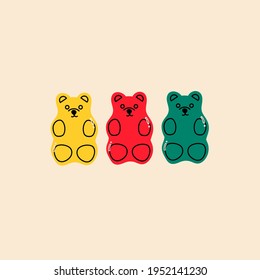 Colorful Fruity and tasty Sweets. Gummy Jelly candie Bears. Hand drawn Vector set. Trendy illustration. Cartoon style. All elements are isolated