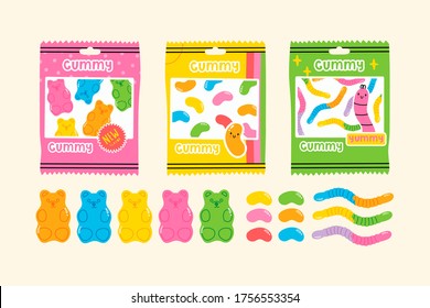 La fruta colorida y los dulces sabrosos. Varios dulces de Gummy y Jelly. Osos, Hierbas, Judías. Juego de vectores dibujado a mano. Ilustraciones de moda. Estilo de caricatura. Todos los elementos están aislados