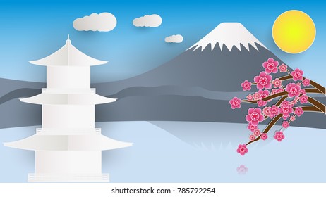 Colorful Fuji mountain. Paper art style background. Vector illustration design.
