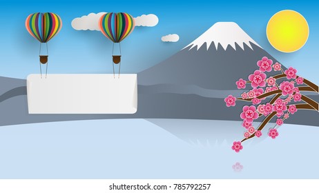 Colorful Fuji mountain and  Paper art of hearts balloon on sky . template for text and label in travel concept. Vector illustration design.
