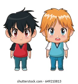 colorful full body couple cute anime tennager facial expression bewildered and angry